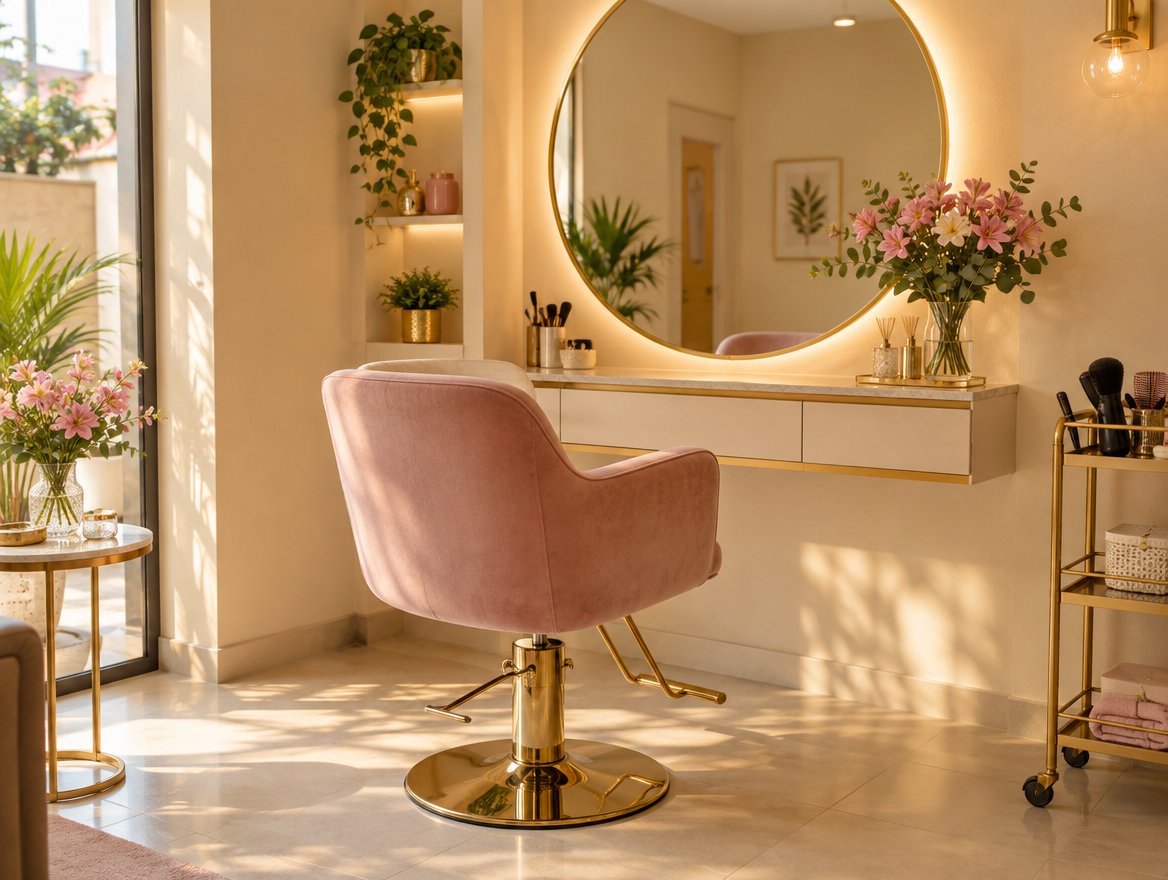 Ambiente de salão com cadeira rosa, espelho redondo e flores