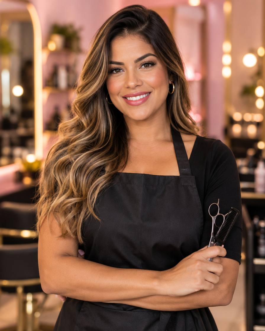 Cabeleireira profissional sorrindo em ambiente de salão com luz rosa e dourada